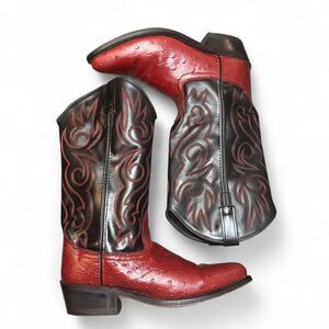 Old West Men’s Cherry Ostrich Print Western Boots Size 7D 13” Shaft round toe